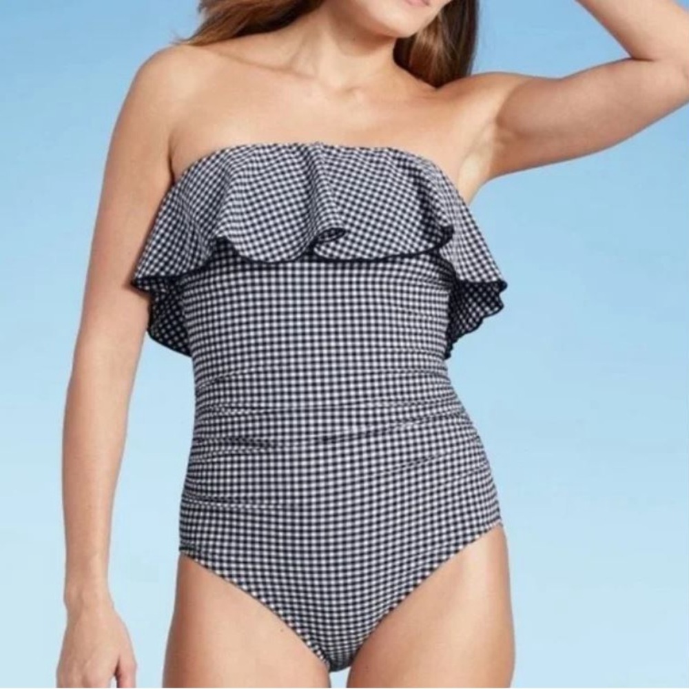 🆕 NWT Kona Sol Navy and White Gingham Swimsuit, 14W